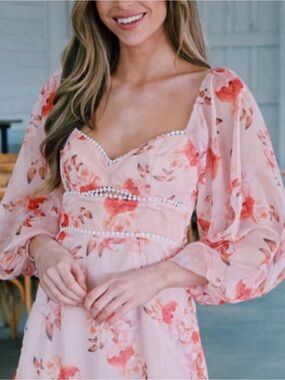 Romantic Blush Pink Floral Mini Dress with Puff Sleeves